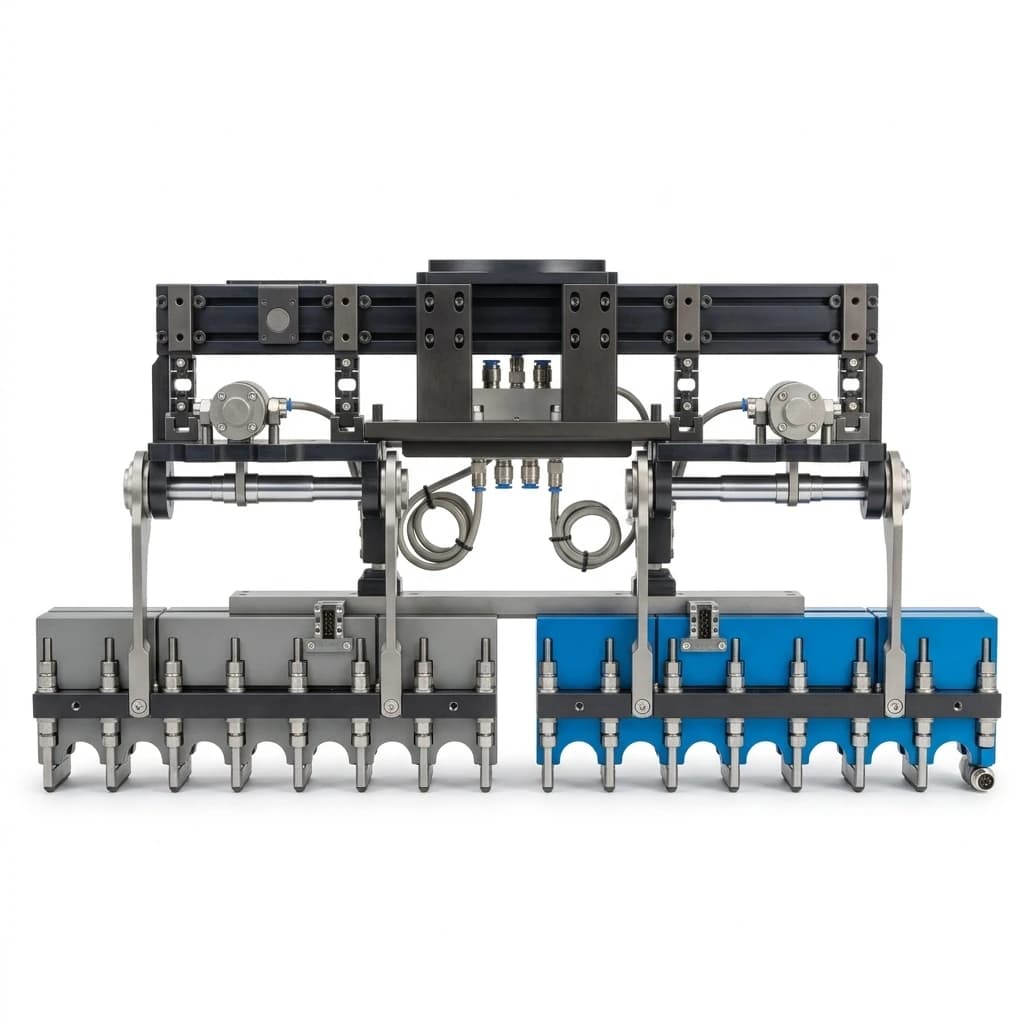 CNC machine tending dual-station magnetic gripper arm assembly