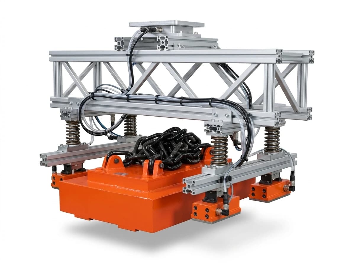 Rigid aluminum truss frame magnetic robot tooling with compliance spring compensators