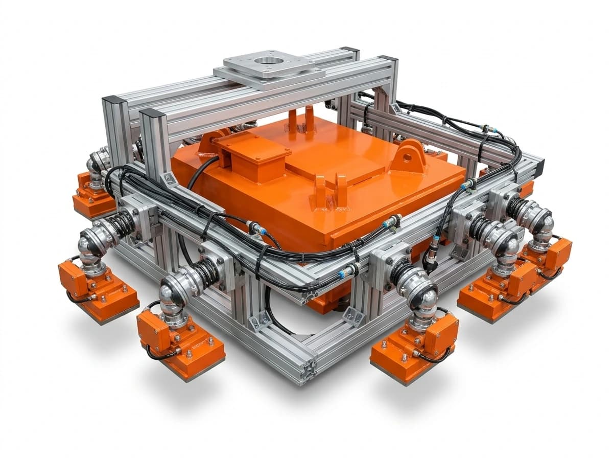 Custom automotive stamping transfer frame with articulated magnetic gripper heads