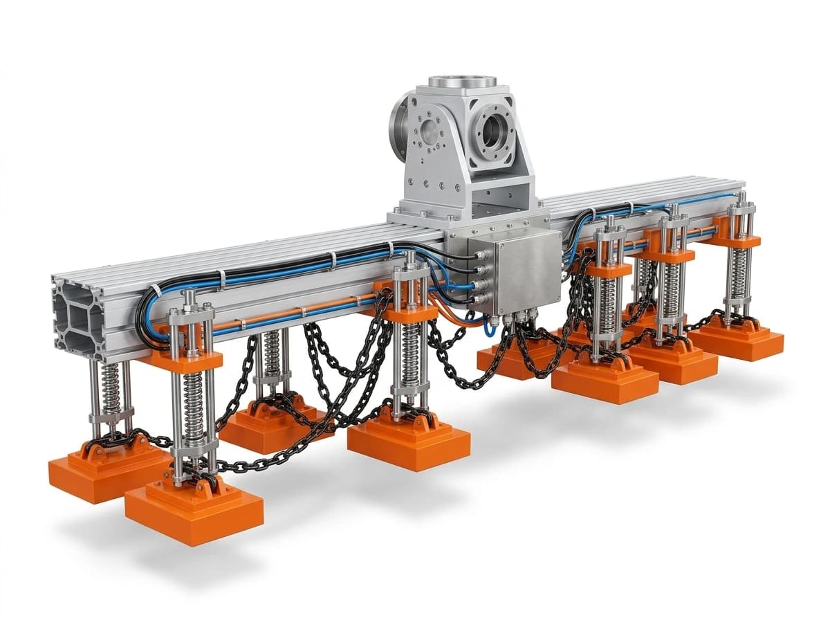Robotic multi-head magnetic EOAT linear spreader beam with spring-loaded compensators