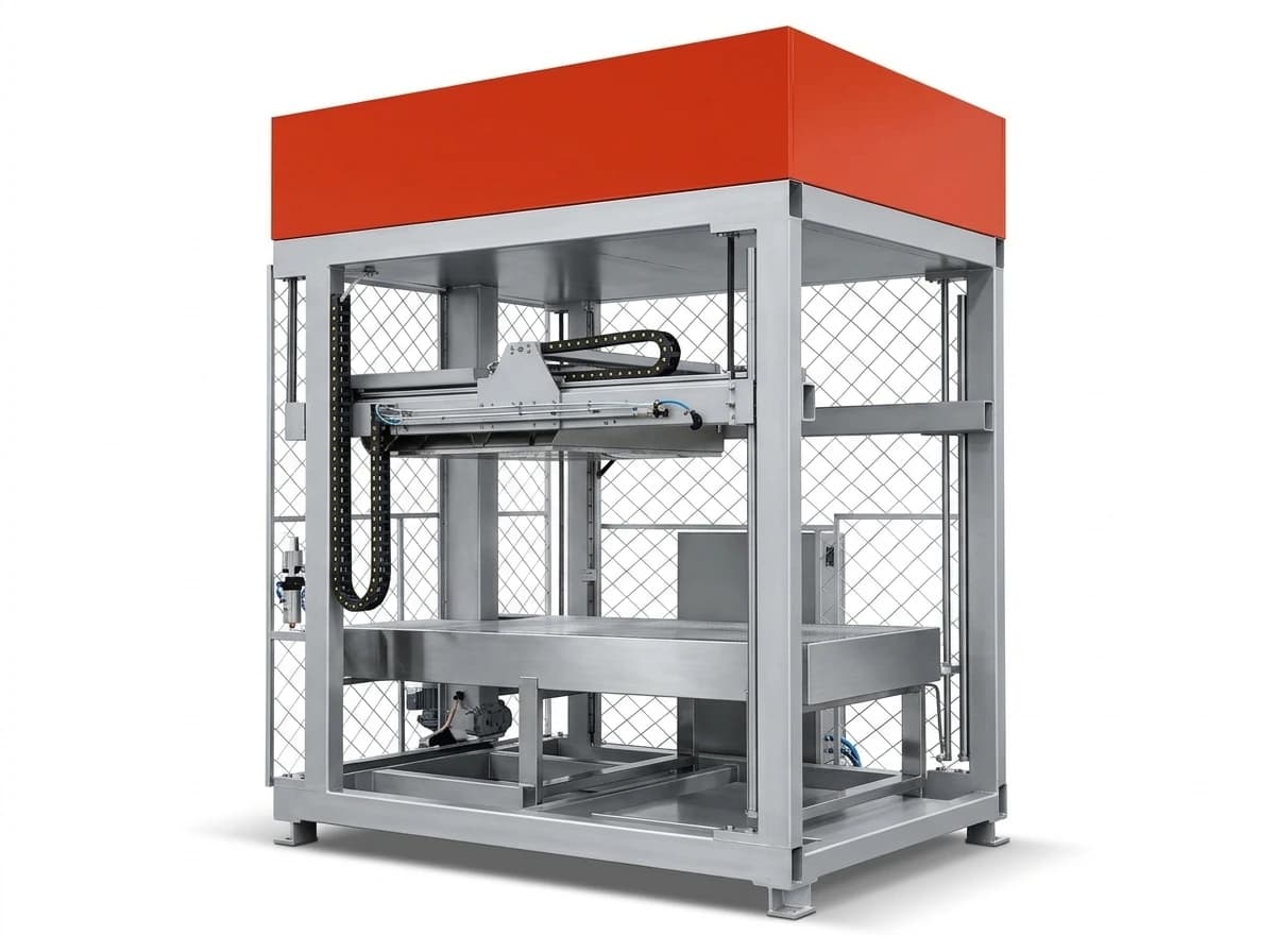 Heavy-duty gantry depalletizer with magnetic layer head and stainless steel infeed bed