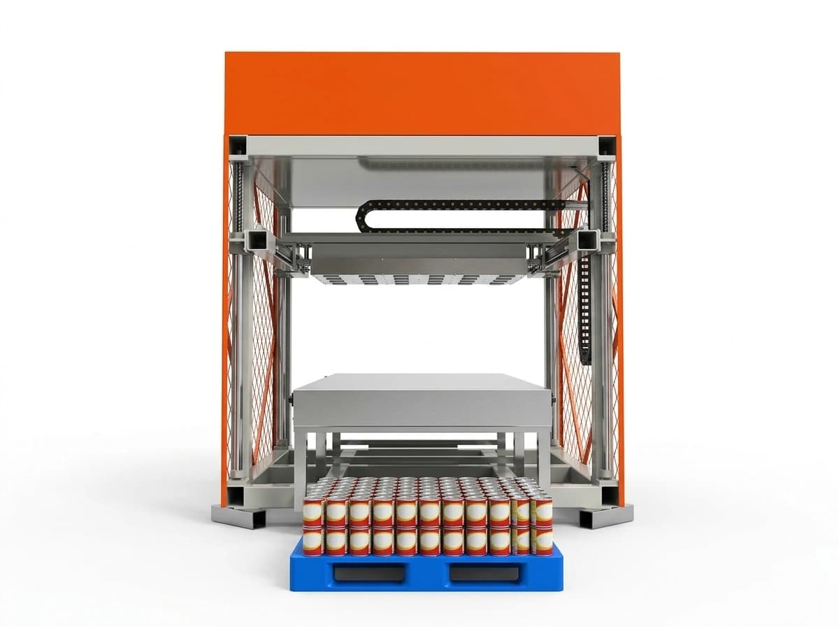 High-speed can packaging automation magnetic depalletizing head cell on pure white background